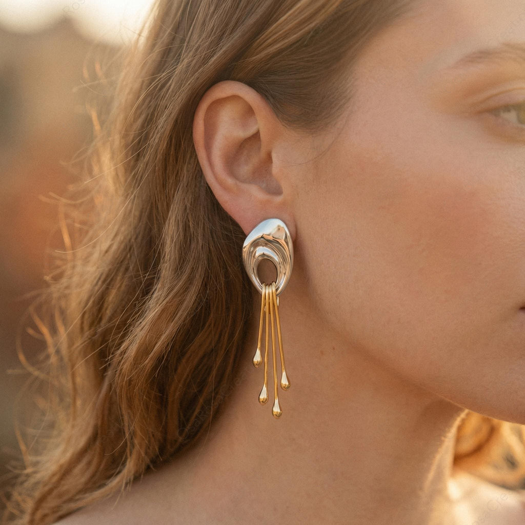 Sculptural Two-Tone Dangle Earrings, Liquid Metal Statement Drops, Sterling Silver Gold