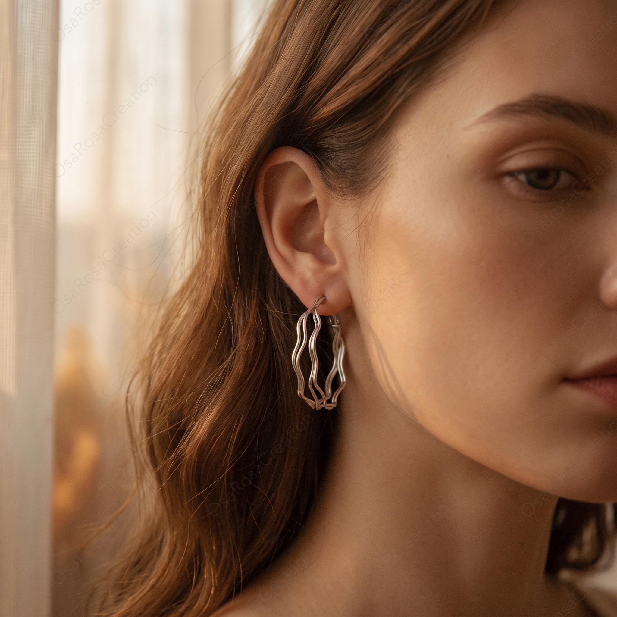 Silver Wavy Hoop Earrings, Sculptural Liquid Metal Statement Jewelry