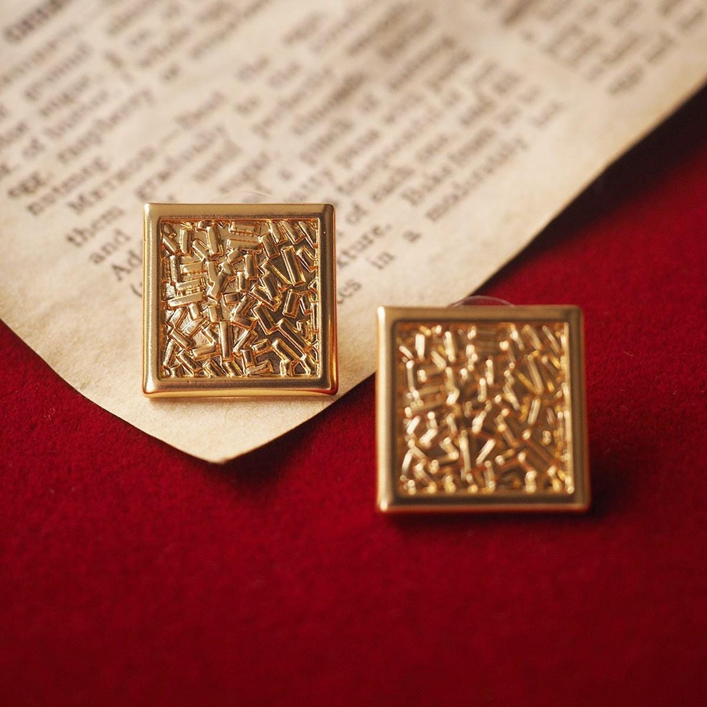 Gold Square Stud Earrings, Textured Geometric Jewelry, 925 Silver Post