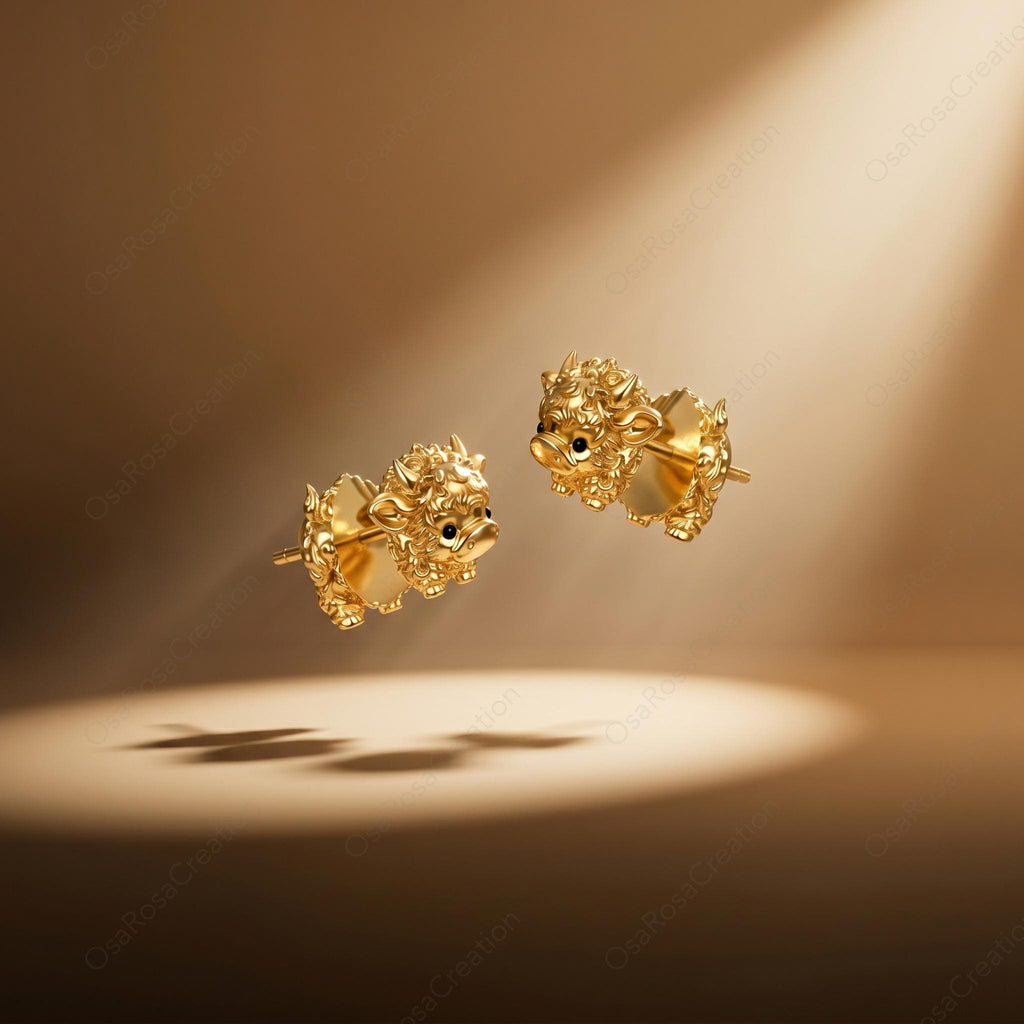 Gold Highland Cow Stud Earrings, Dainty Nature Inspired Jewelry, Sterling Silver Posts