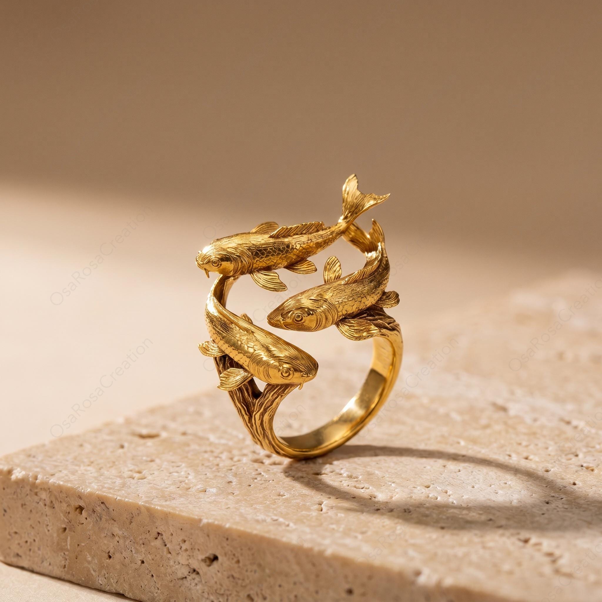 Gold Koi Fish Wrap Ring, Sculptural Double Fish Statement Jewelry, Nature Inspired Charm
