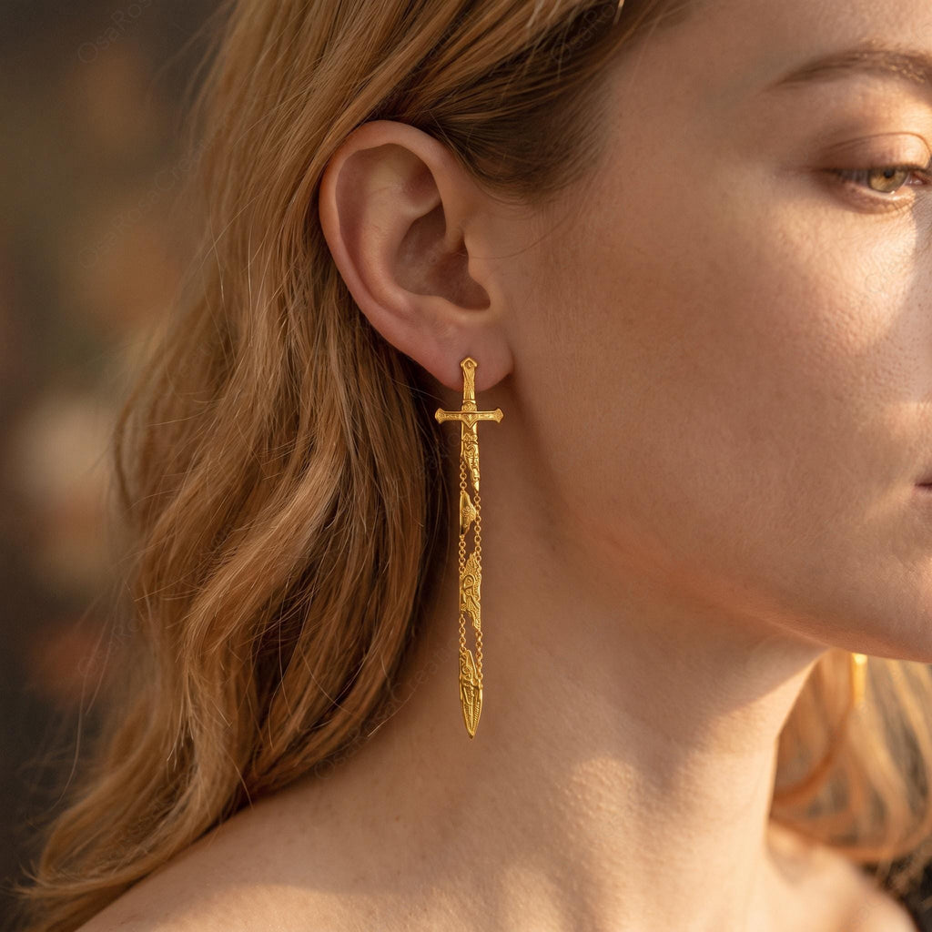 Gold Sword Drop Earrings, Sculptural Dagger Dangle Earrings, Medieval Inspired Jewelry, Edgy Statement Earrings, Unique Gift for Her