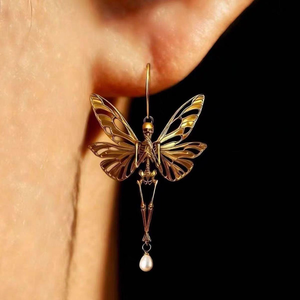 Butterfly Fairy Bone Earrings, Gold Pearl Drop, Ethereal Gothic