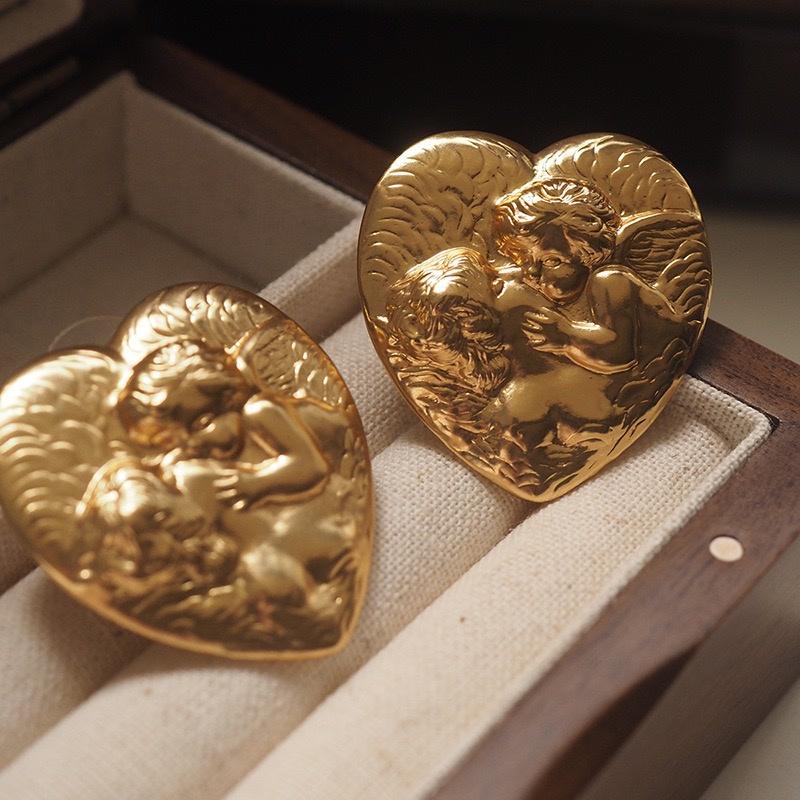 Gold Heart Cherub Earrings | Baroque Relief Studs, 925 Silver Posts