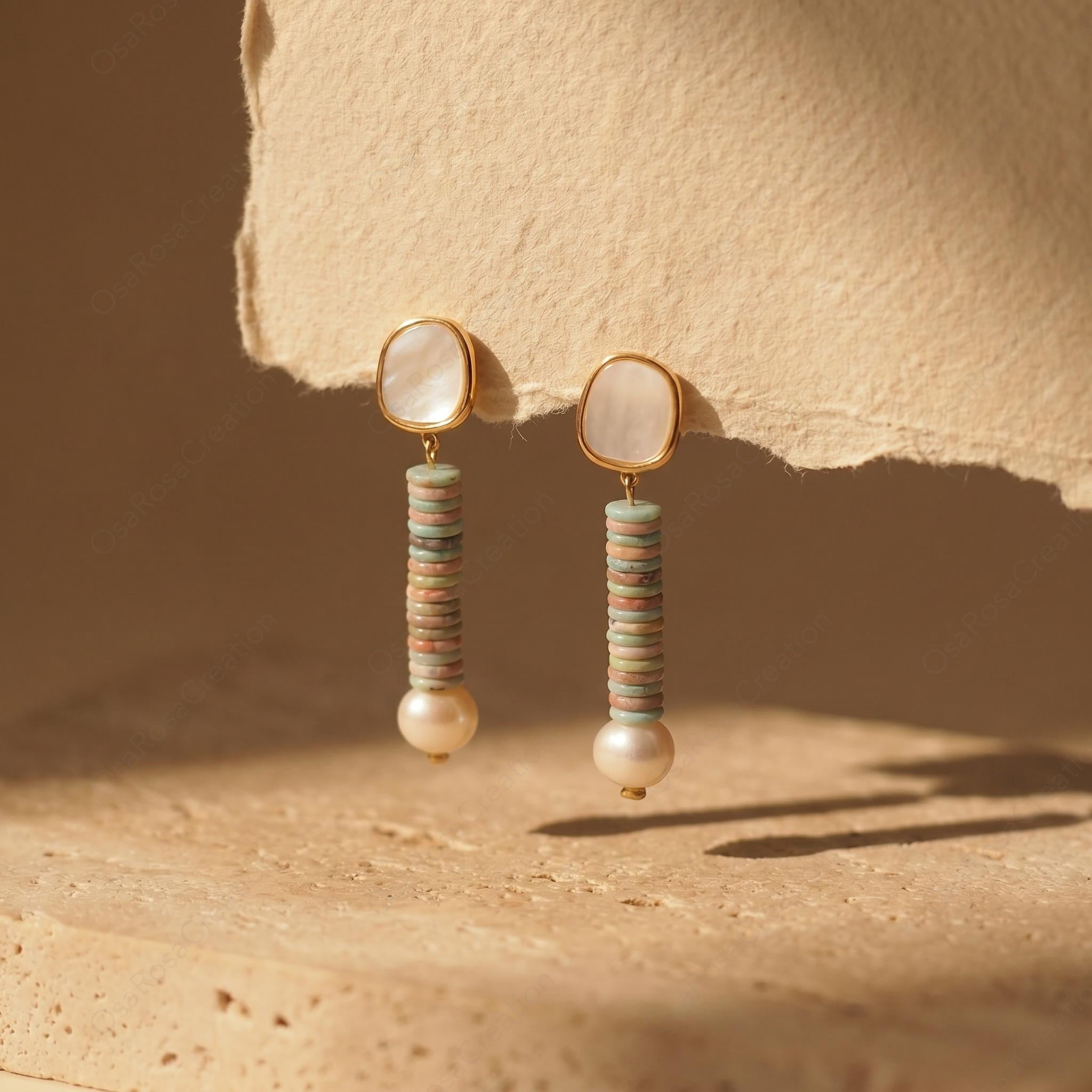 Mother of Pearl Dangle Earrings, Freshwater Pearl Drop Earrings, Mediterranean Style Beaded Jewelry, Coastal Quiet Luxury, Gift for Her