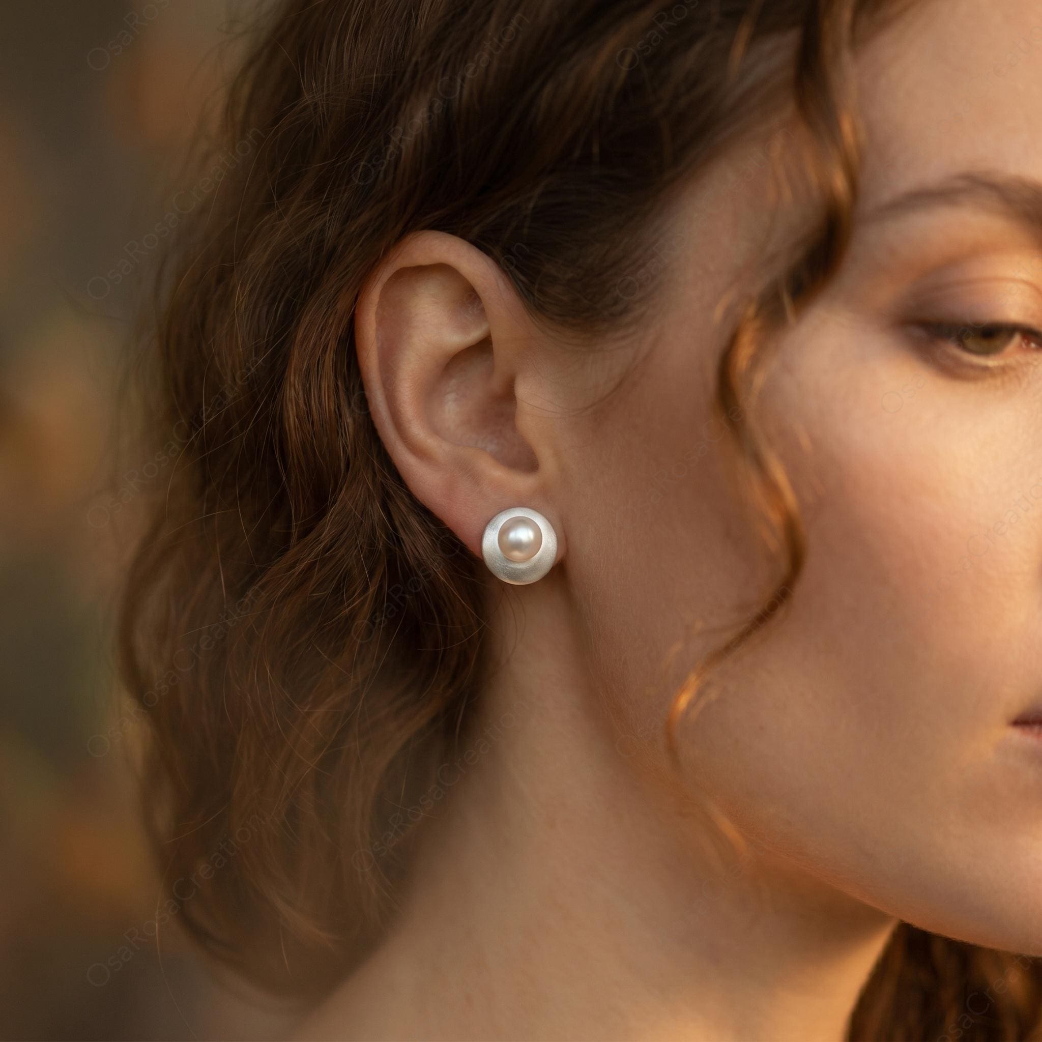 Matte Silver Pearl Stud Earrings, Geometric Minimalist Bridal Jewelry, Modern Elegant Everyday