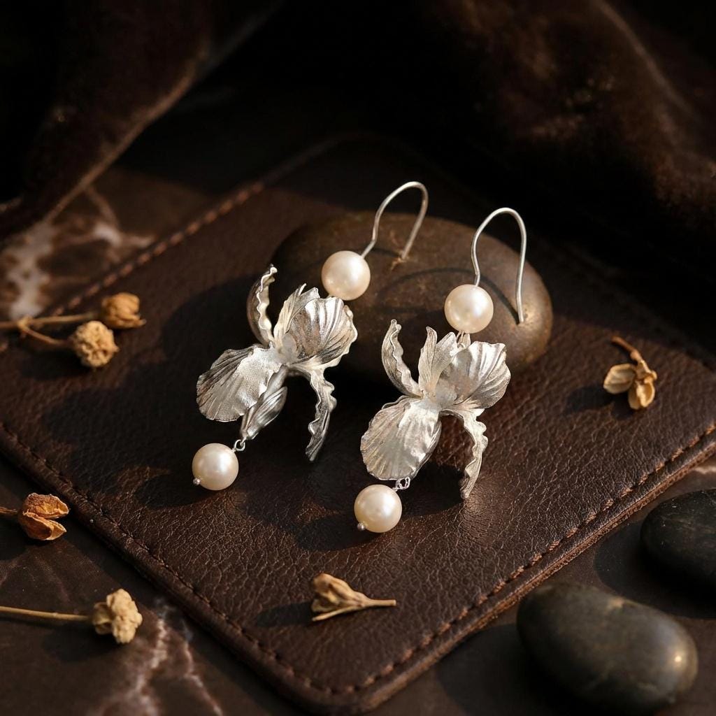 Silver Orchid Pearl Dangle Earrings • Botanical Bridal Jewelry