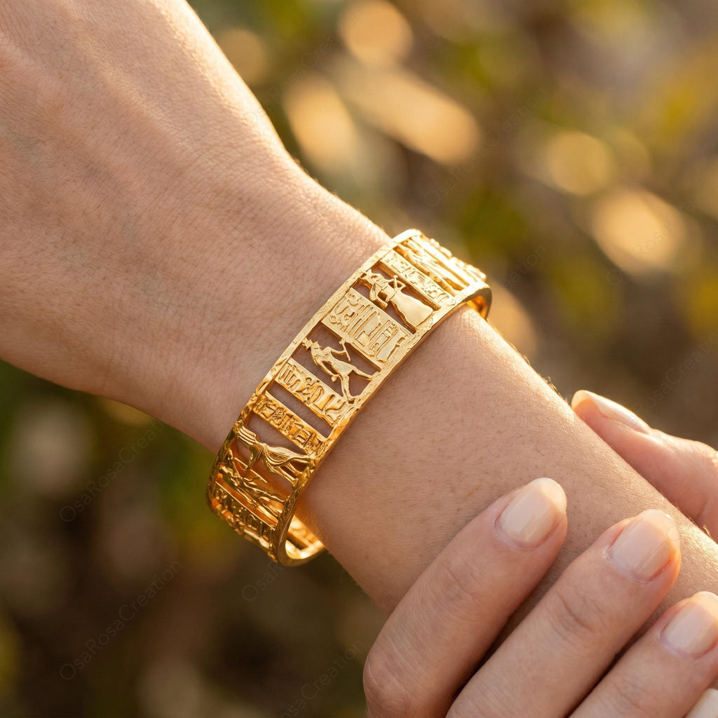 Ancient Egyptian Openwork Cuff Bracelet, Gold Sculptural Bangle, Hieroglyph Art Jewelry
