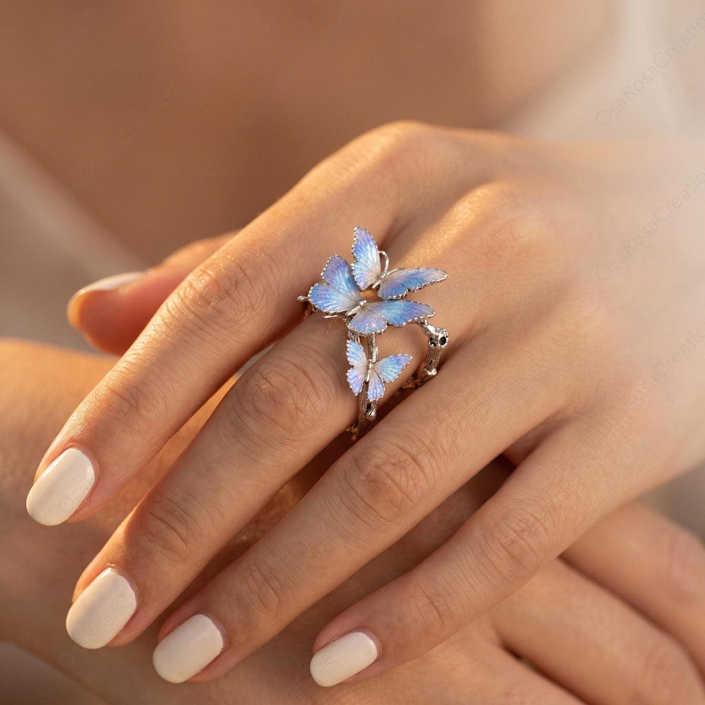 Enamel Butterfly Ring, Platinum-Plated Brass Branch Band, Nature Inspired Jewelry