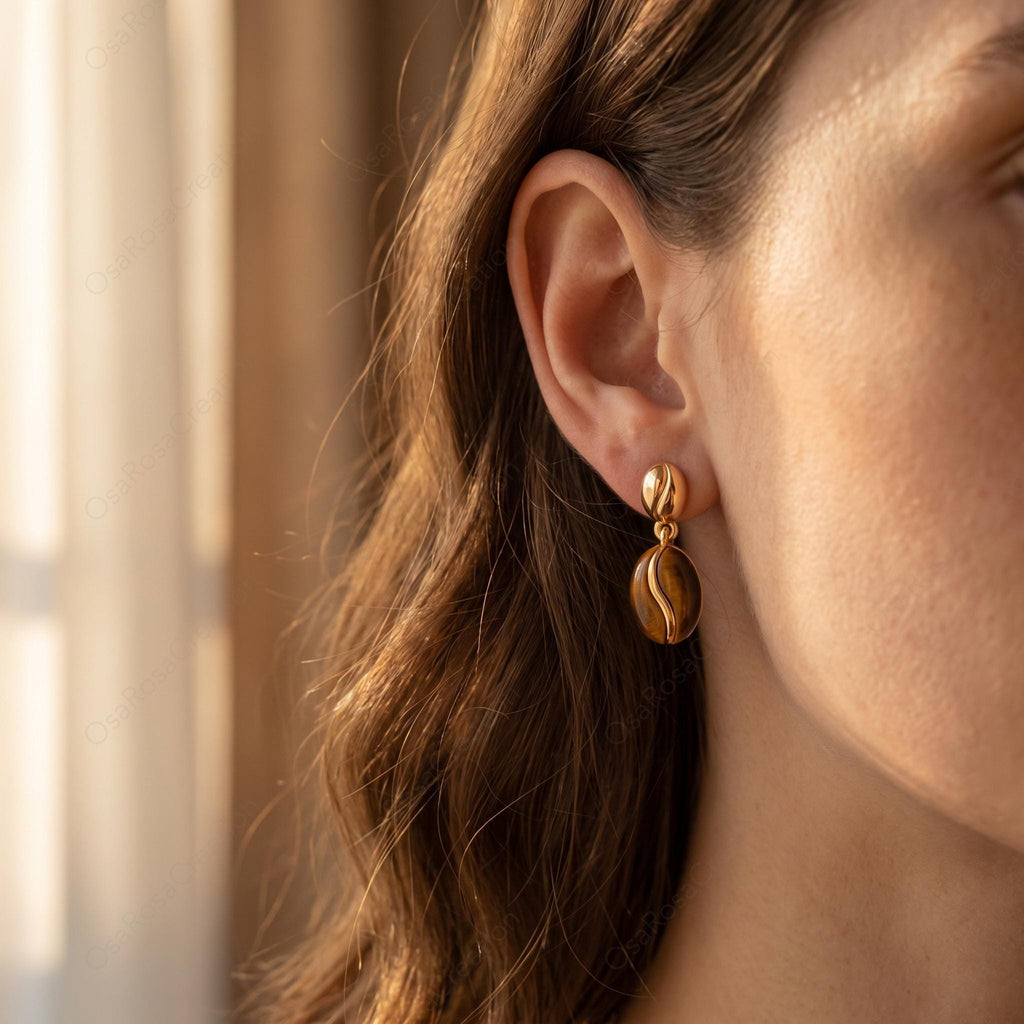 Sculptural Coffee Bean Earrings, Faux Tiger's Eye, Gold Plated Copper, 925 Sterling Silver Post