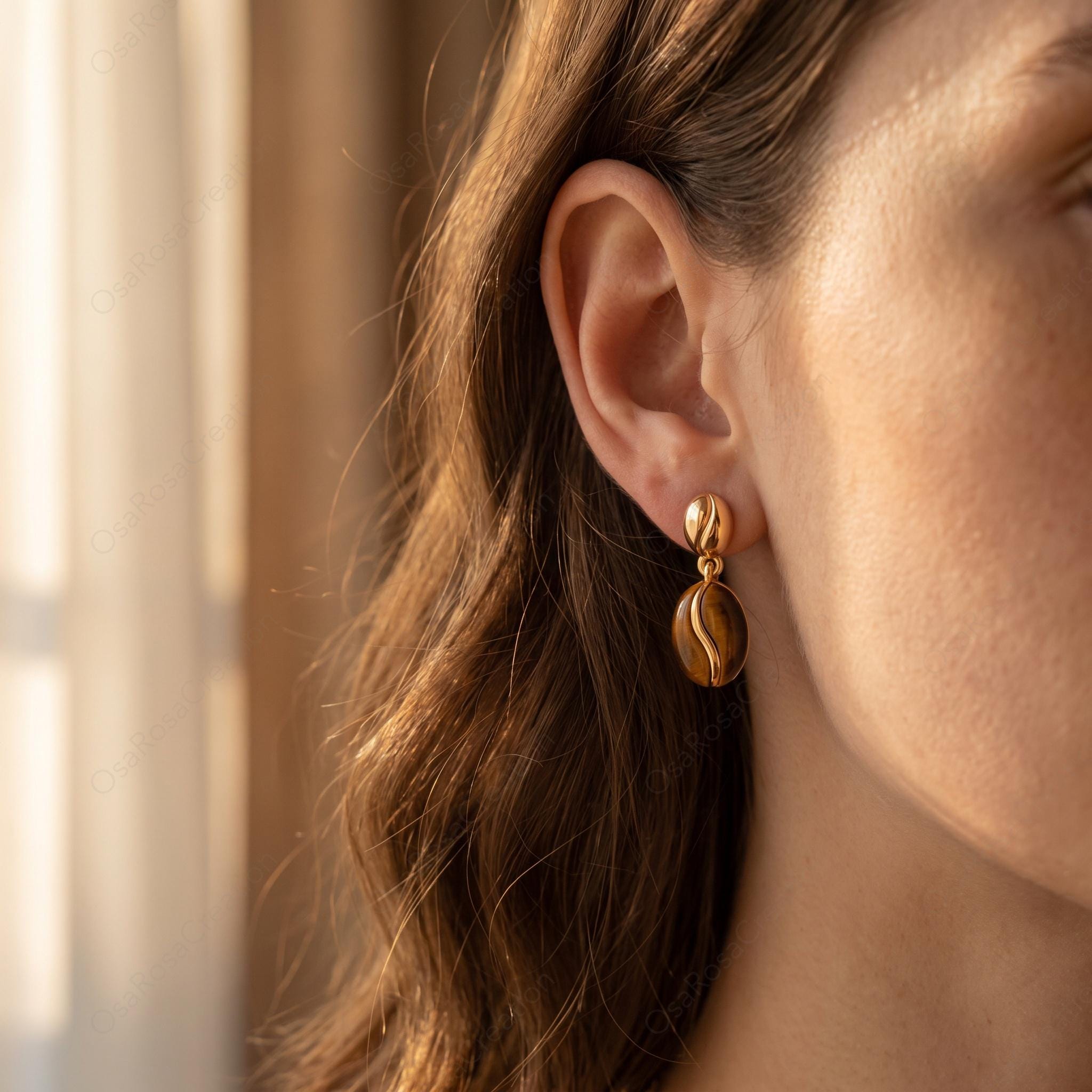 Sculptural Coffee Bean Earrings, Faux Tiger's Eye, Gold Plated Copper, 925 Sterling Silver Post