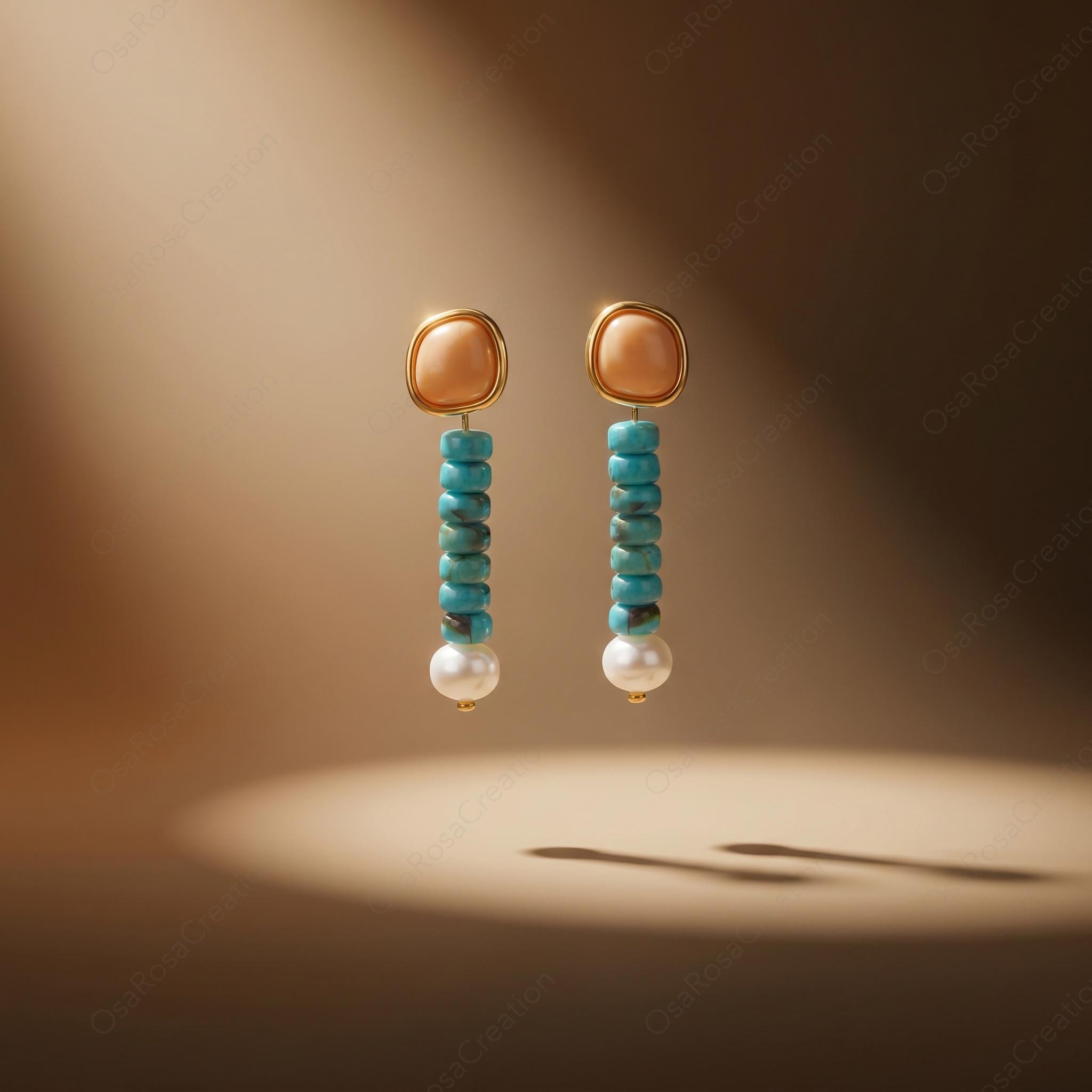 Turquoise Pearl Drop Earrings, Mediterranean Coastal Jewelry, Coral Orange Gemstone Dangles, Artistic Boho Chic, Summer Vacation Gift