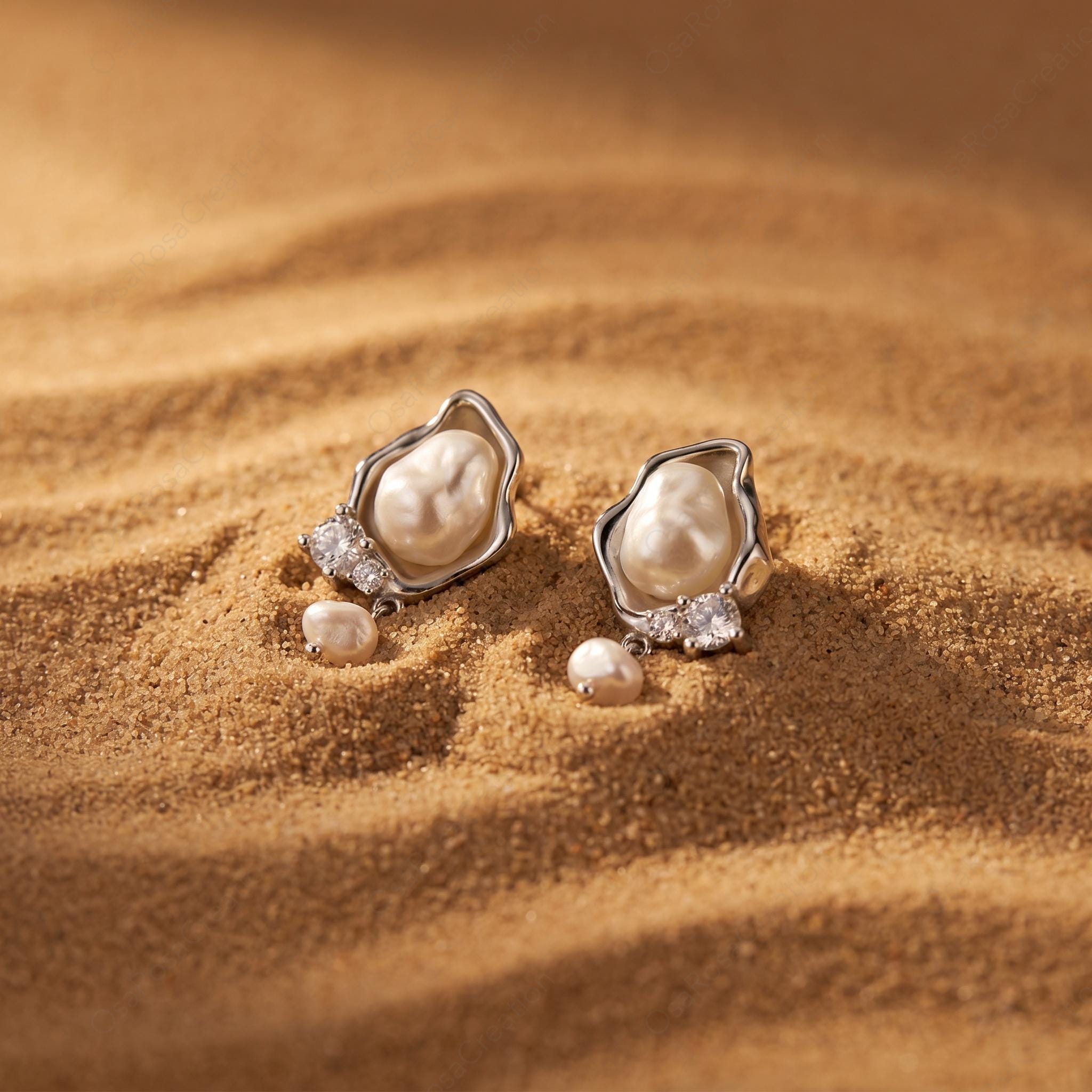 Silver Baroque Pearl Drop Earrings, Organic Wavy Studs, Bridal Jewelry