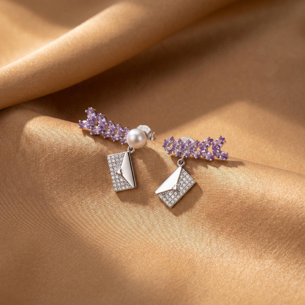 Sterling Silver Envelope Drop Earrings, Purple Leaf Pearl Dangles, Bridal Jewelry