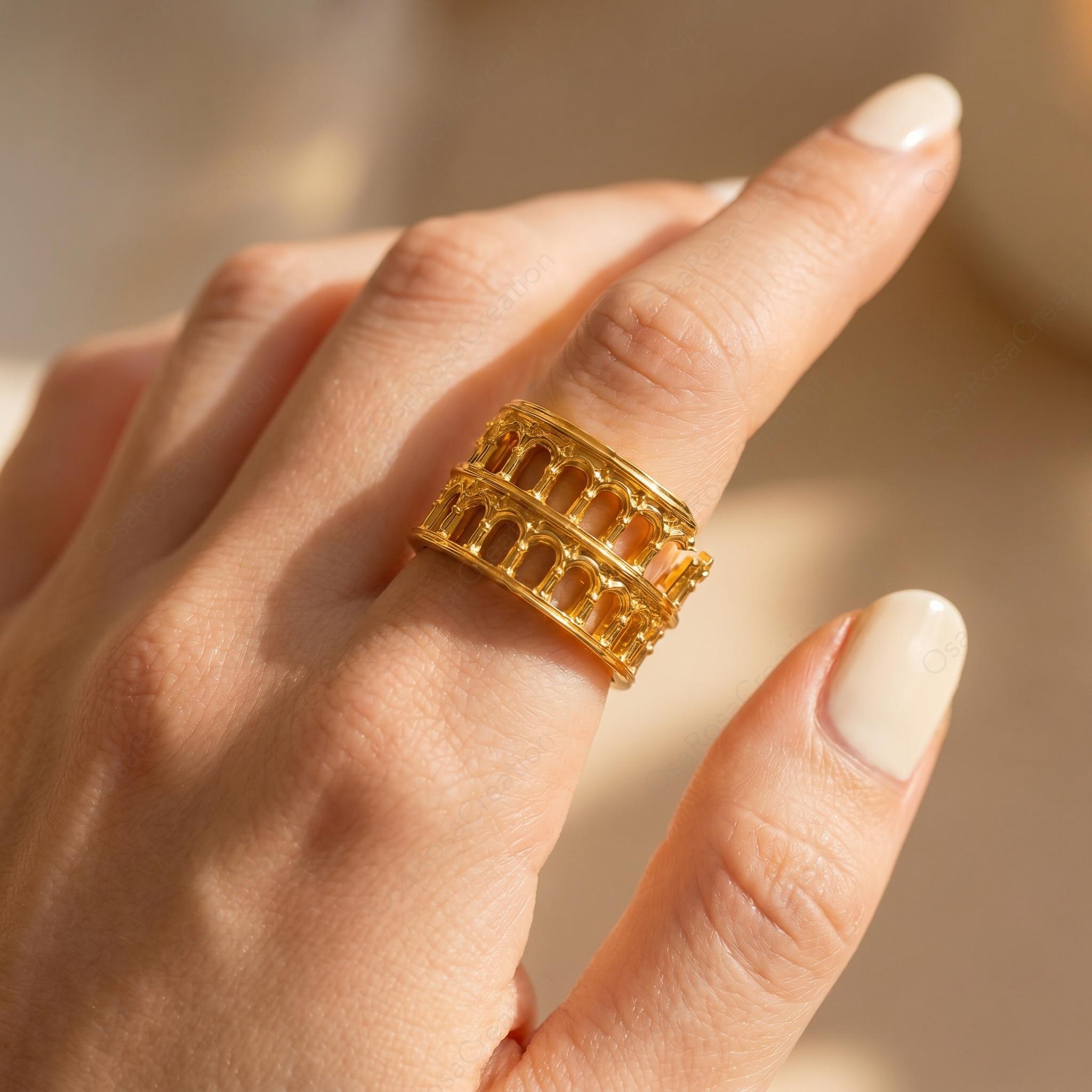 Roman Colosseum Adjustable Ring Gold Architecture Design | Open Statement Ring Museum Style