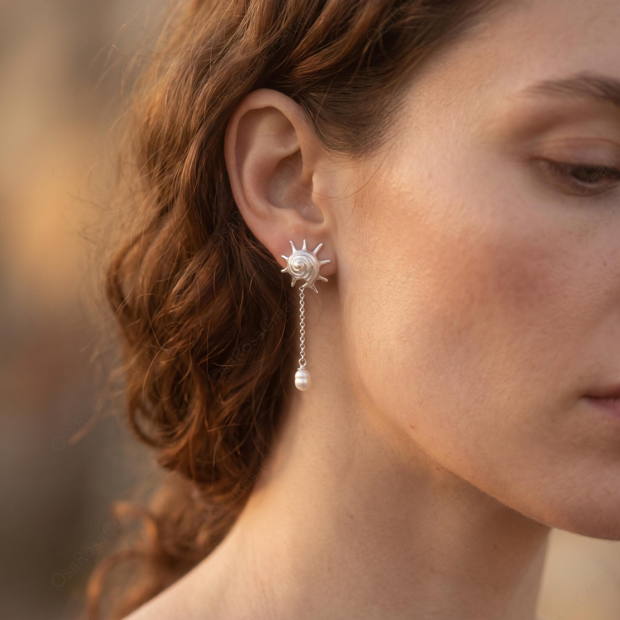 Silver Conch Shell Pearl Drop Earrings, Ocean Inspired Dangle Bridal Jewelry