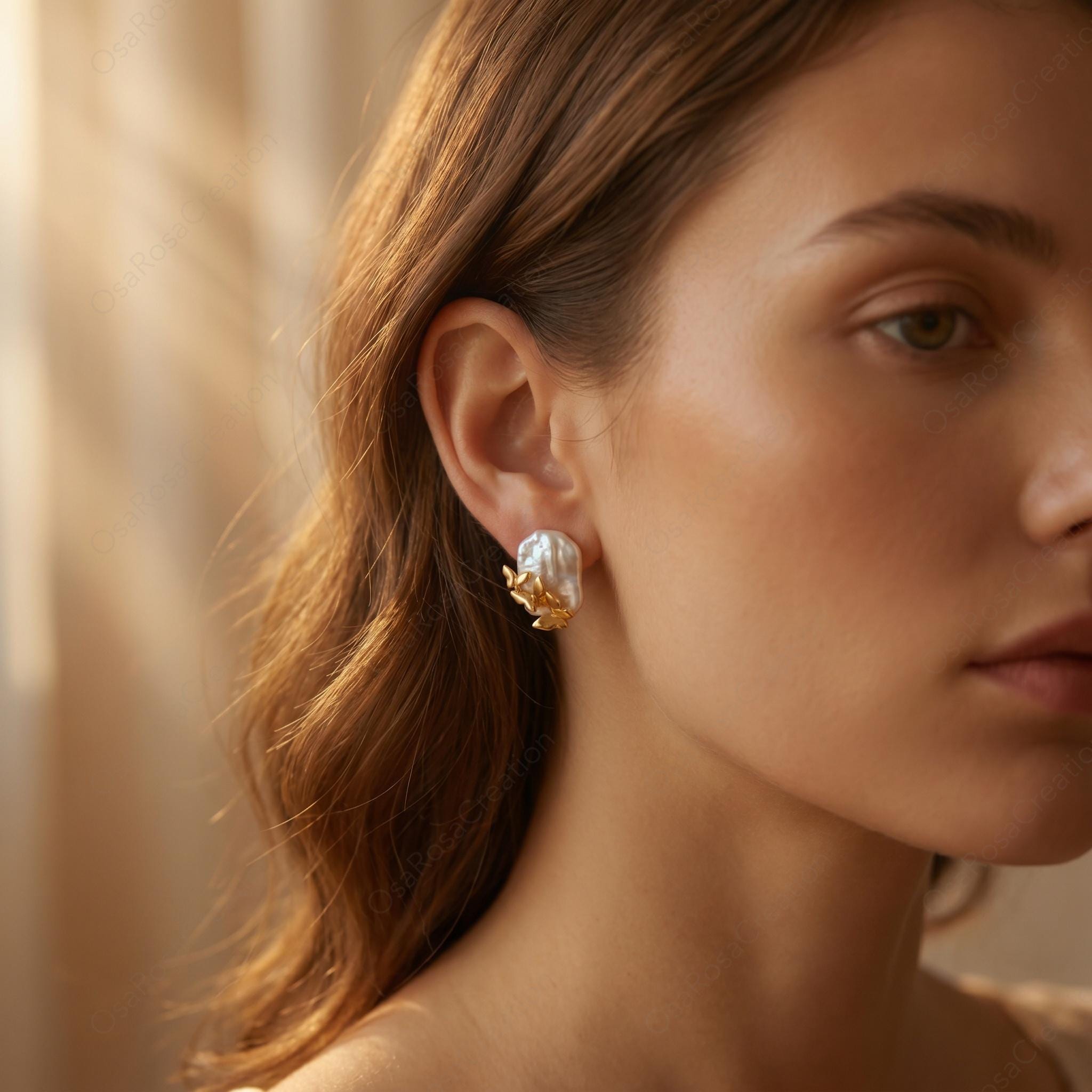 Baroque Pearl Gold Butterfly Earrings, Sculptural Nature Inspired Bridal Jewelry
