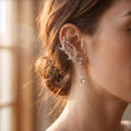 Elven Harp Ear Cuff, Silver Butterfly Ear Wrap, Teardrop Crystal Bridal Jewelry