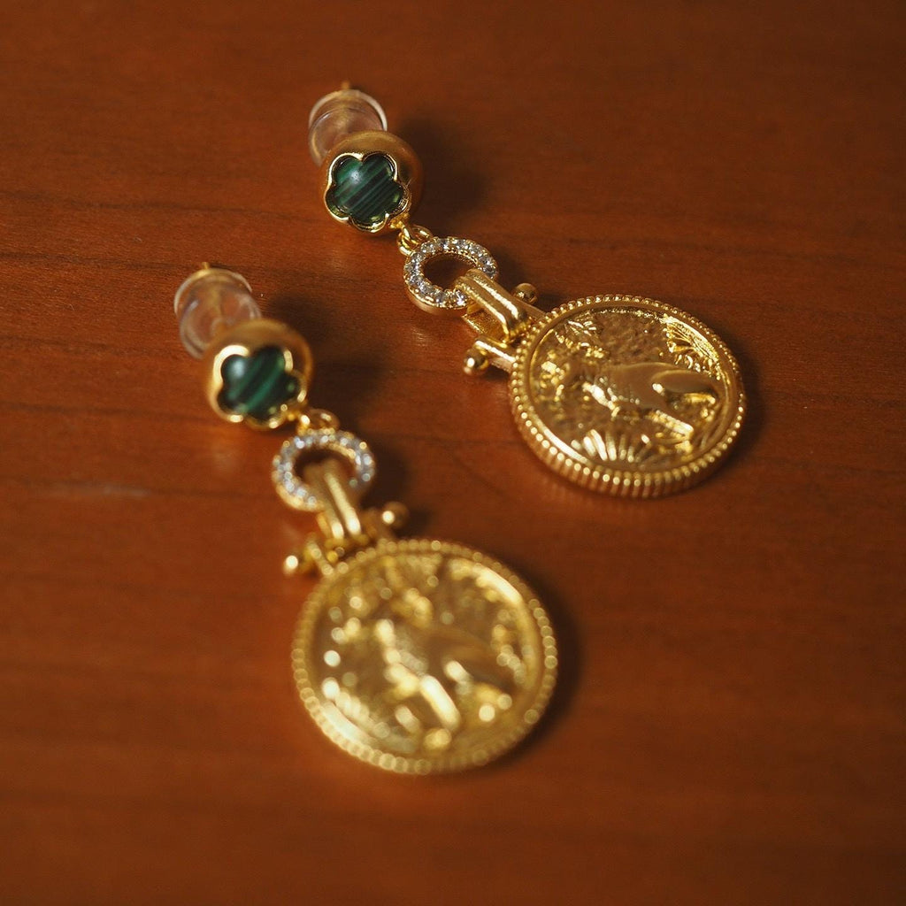 Gold Coin Malachite Earrings, Vintage Medallion, 925 Silver Post
