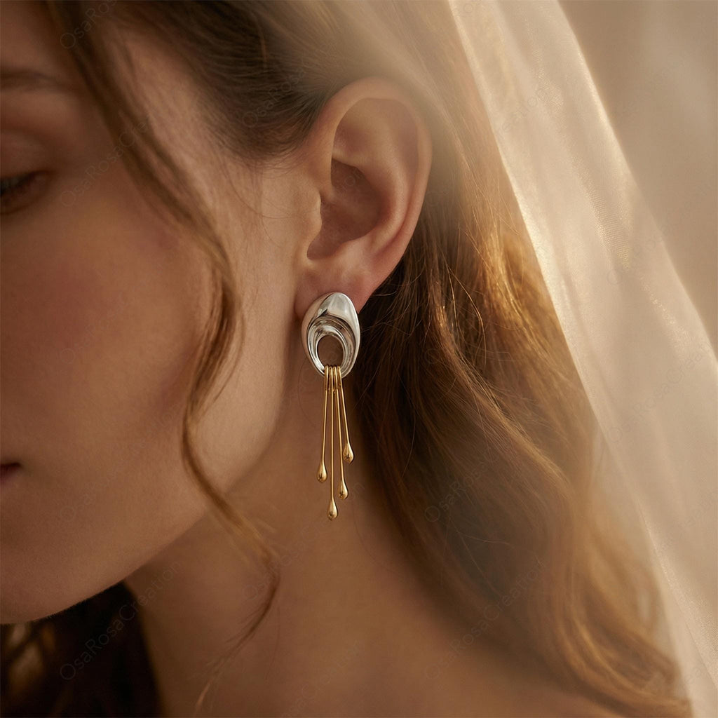 Sculptural Two-Tone Dangle Earrings, Liquid Metal Statement Drops, Sterling Silver Gold