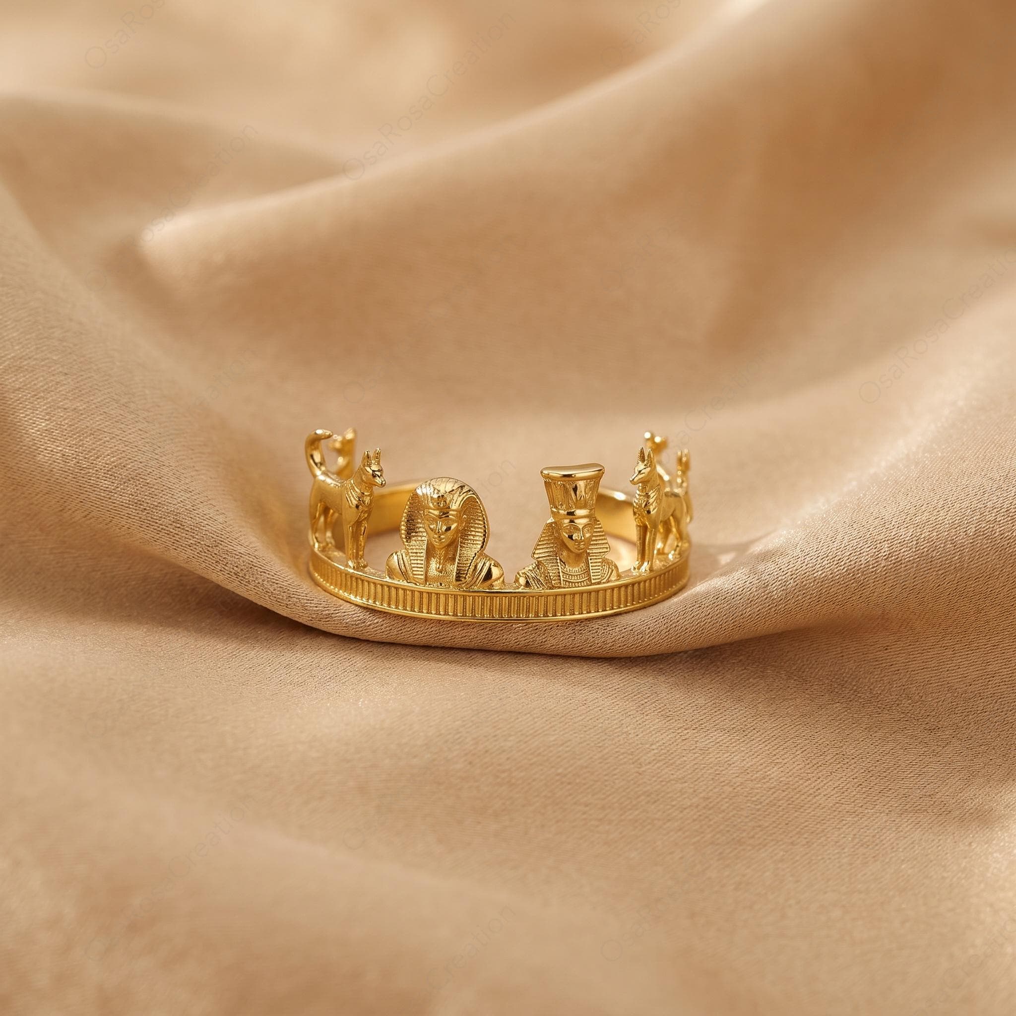 Gold Anubis Pharaoh Ring, Sculptural Statement Jewelry, Copper Plated Band