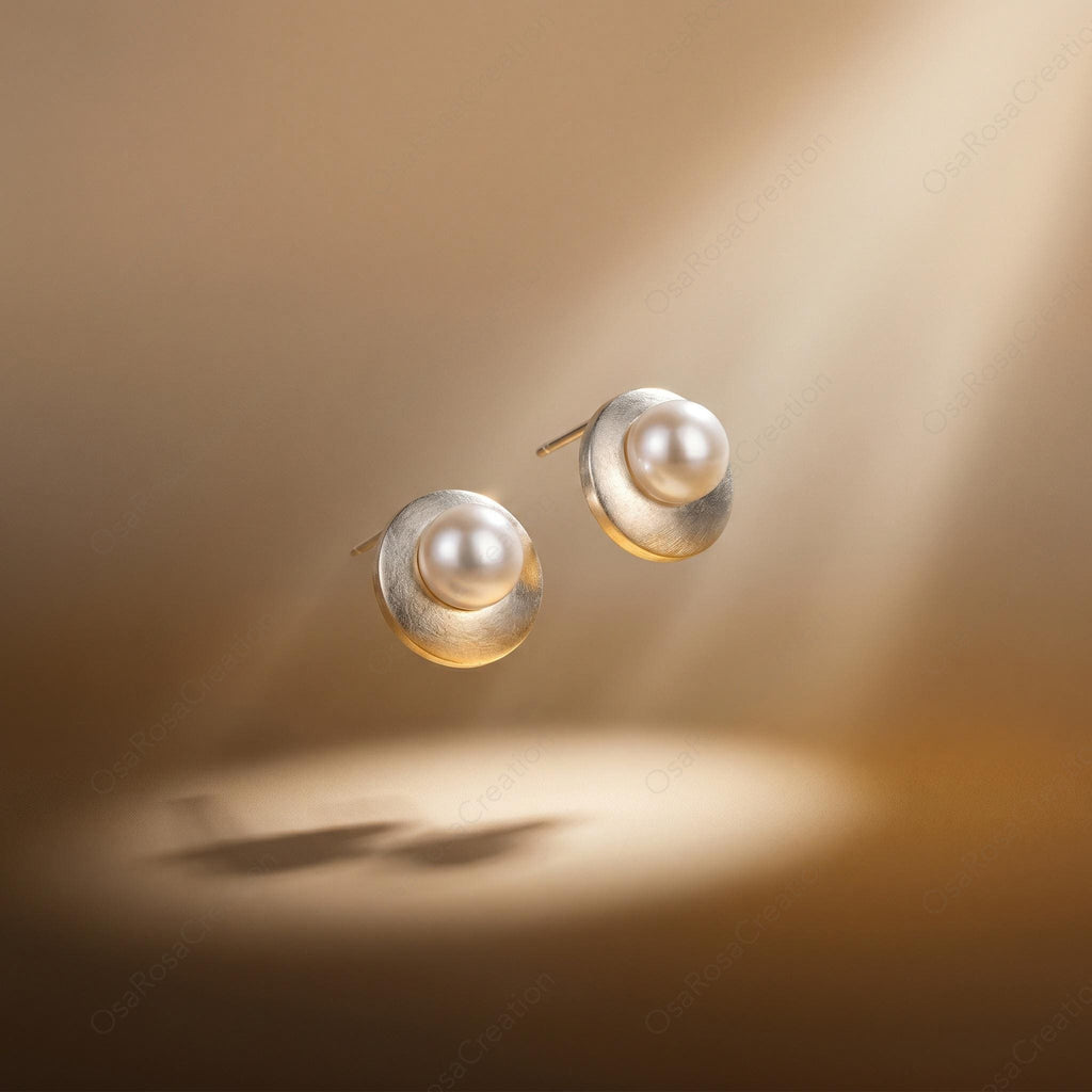 Matte Silver Pearl Stud Earrings, Geometric Minimalist Bridal Jewelry, Modern Elegant Everyday