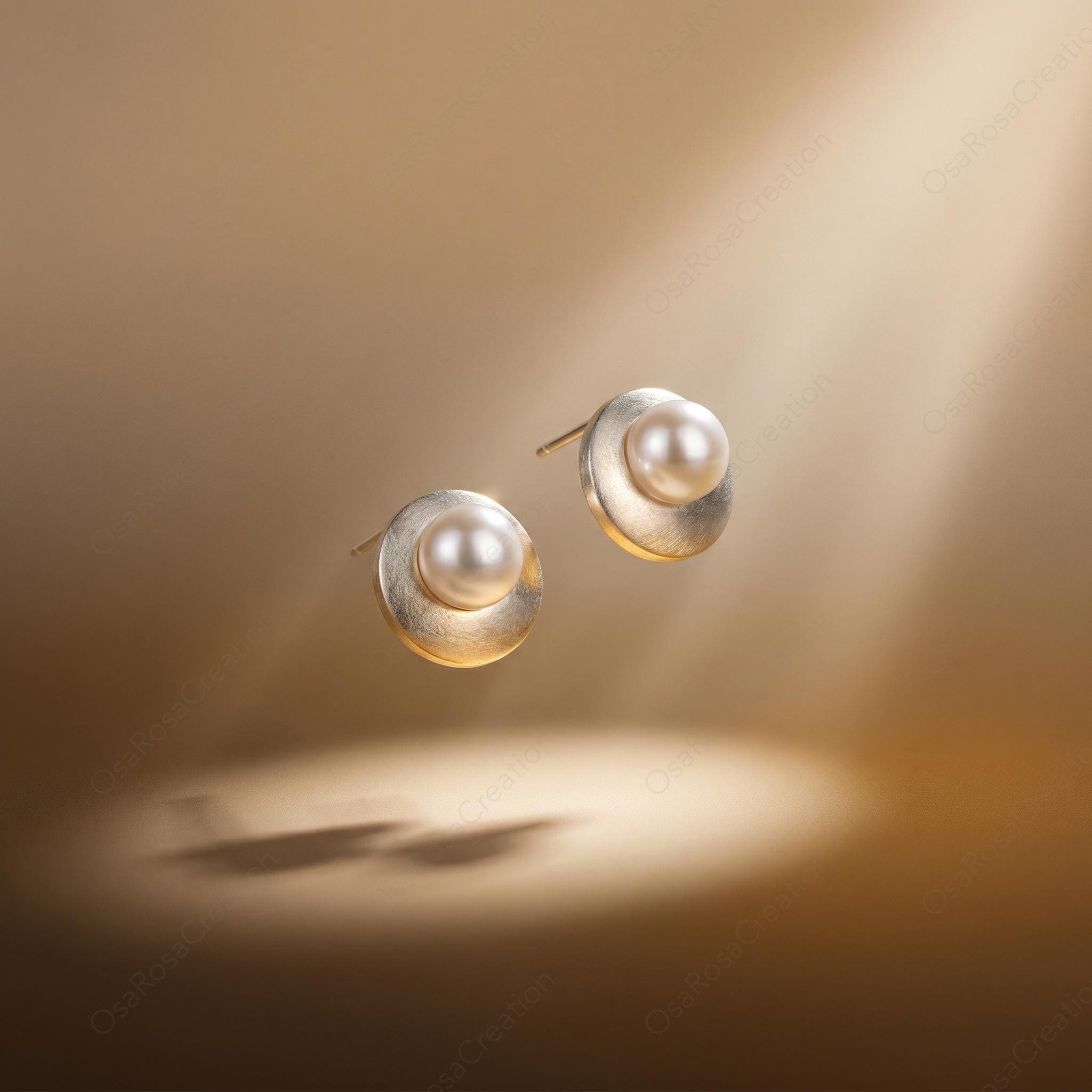 Matte Silver Pearl Stud Earrings, Geometric Minimalist Bridal Jewelry, Modern Elegant Everyday