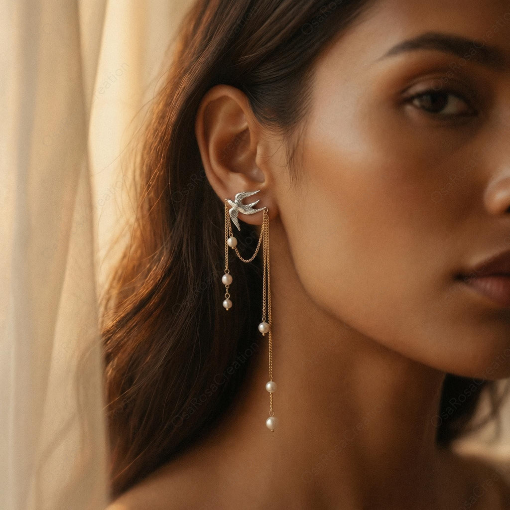 Silver Bird Pearl Drop Earrings: Nature Inspired Bridal Jewelry