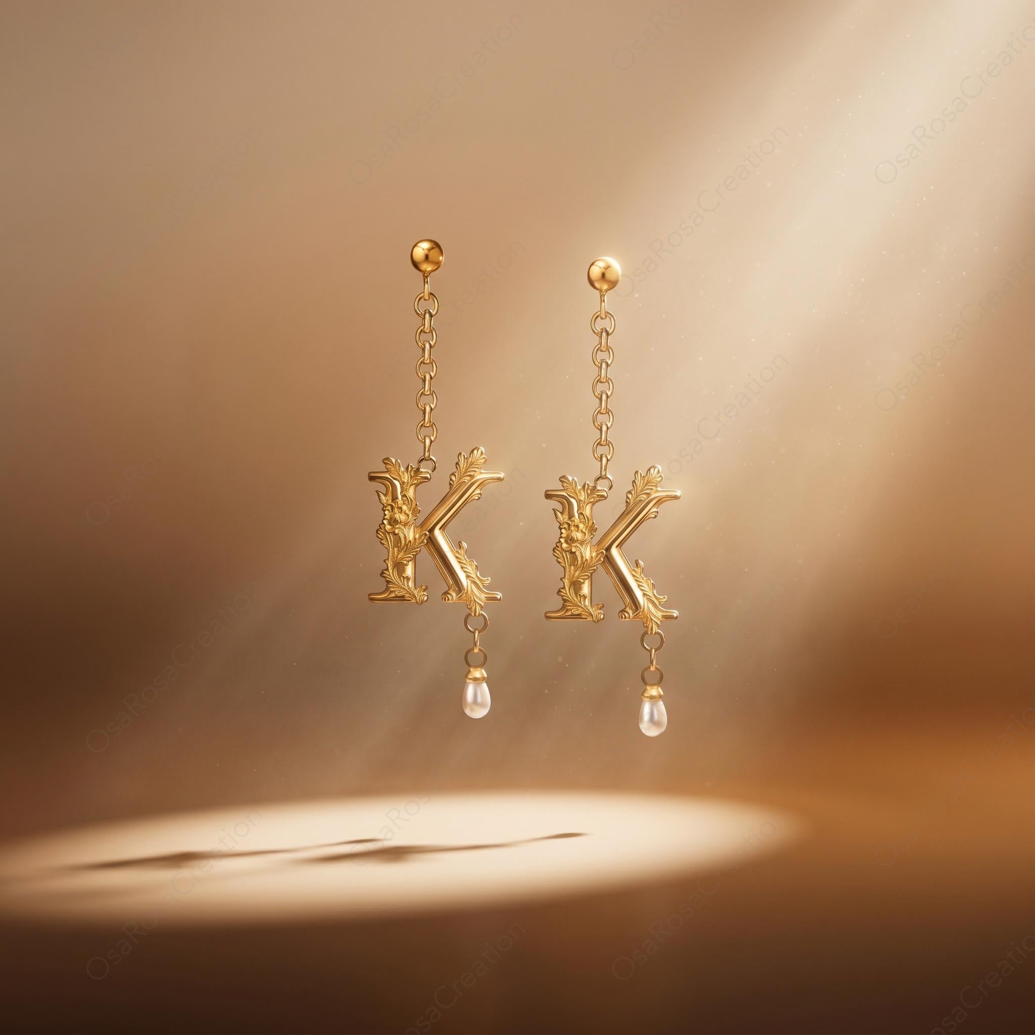 Baroque Letter K Earring • Gold Initial with Pearl Drop