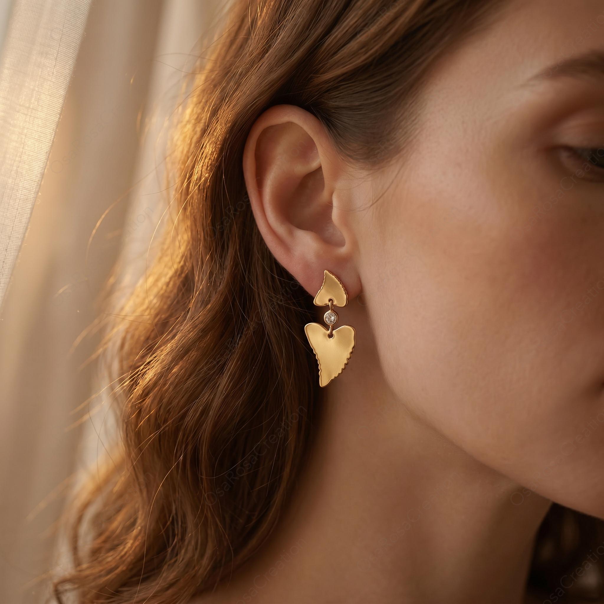 Organic Heart Drop Earrings, Textured Gold Dangle Artisan Jewelry