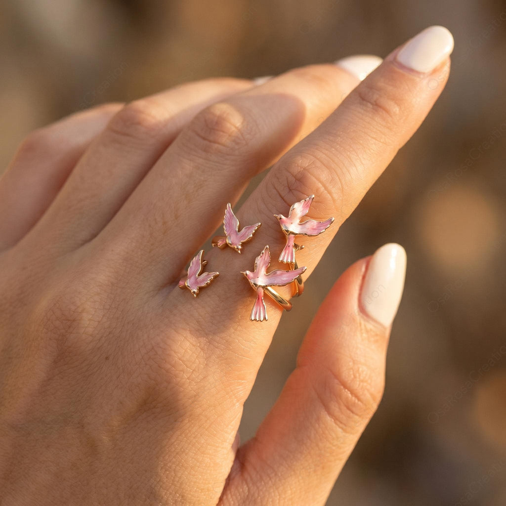 Pink Enamel Bird Ring, Gold Flying Swallow Wrap Ring, Nature Inspired Open Band, Poetic Animal Jewelry, Romantic Spring Gift for Her