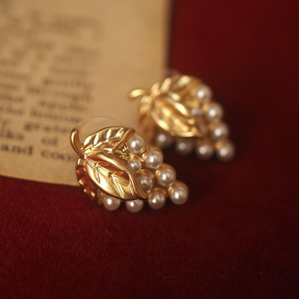 Gold Grape Pearl Stud Earrings, Vintage Botanical Dionysus Jewelry