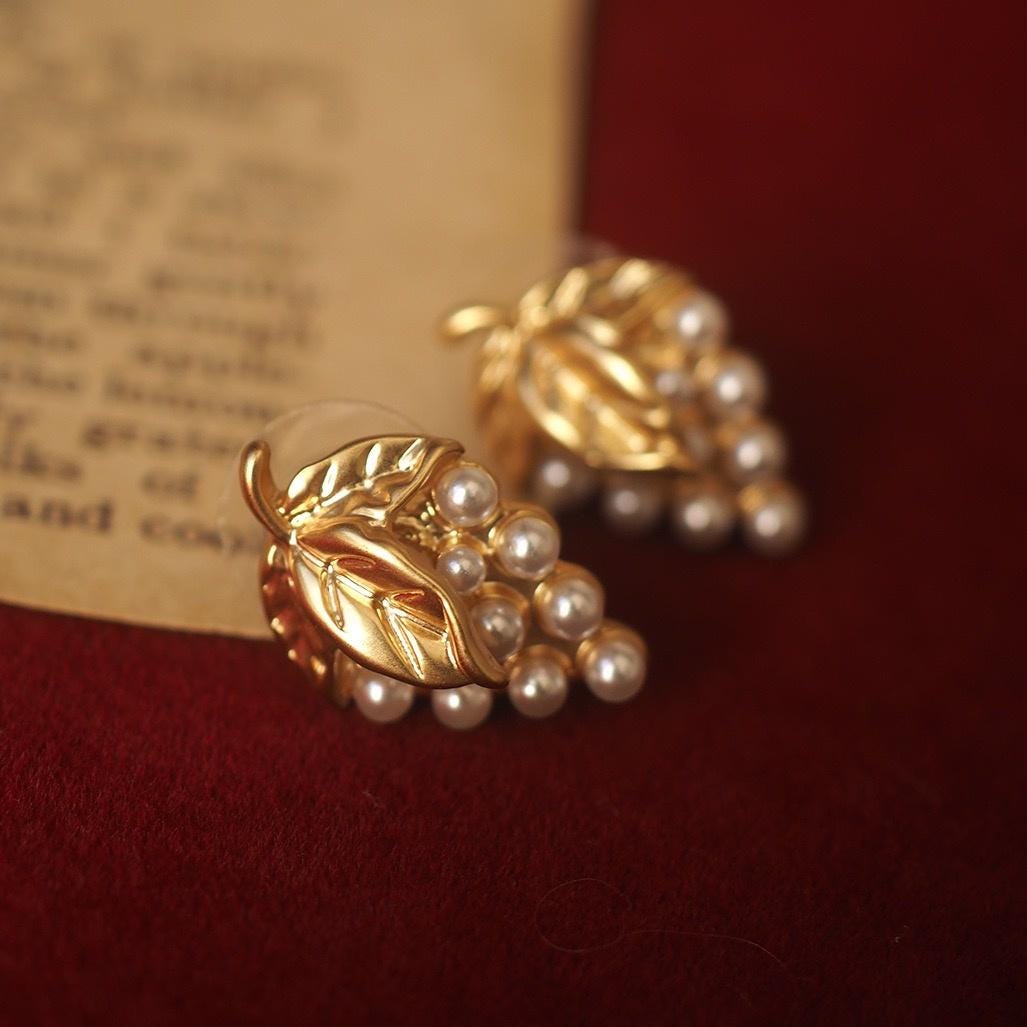 Gold Grape Pearl Stud Earrings, Vintage Botanical Dionysus Jewelry