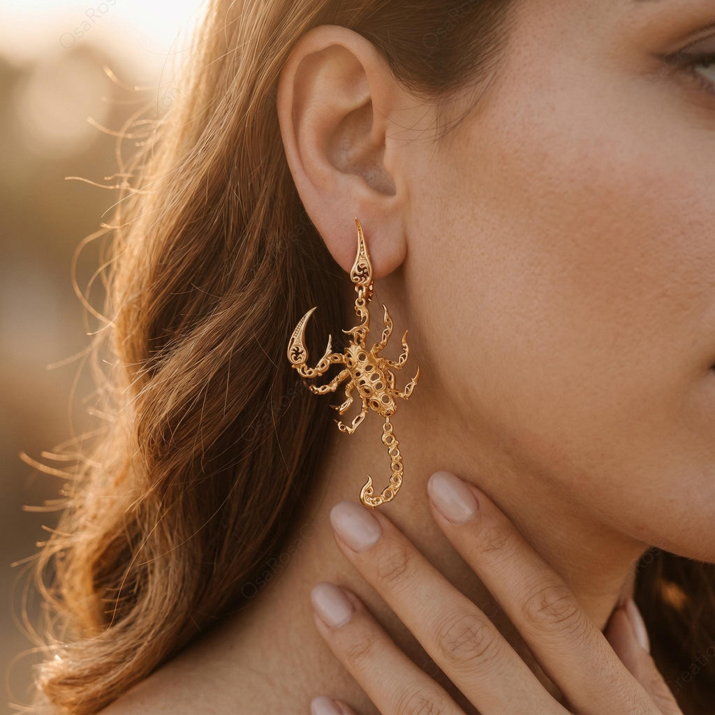 Scorpio Scorpion Statement Earrings, Gold Baroque Filigree Zodiac Jewelry