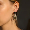 Art Deco Dangle Earrings • Gold Arch, Smoky Crystal, Chain Tassel