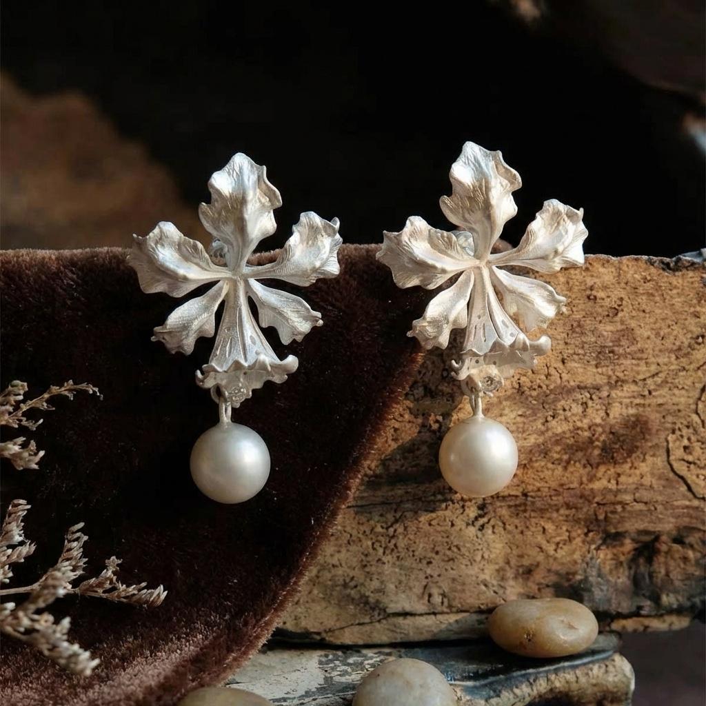 Matte Silver Orchid Pearl Drop Earrings • Botanical Bridal Jewelry