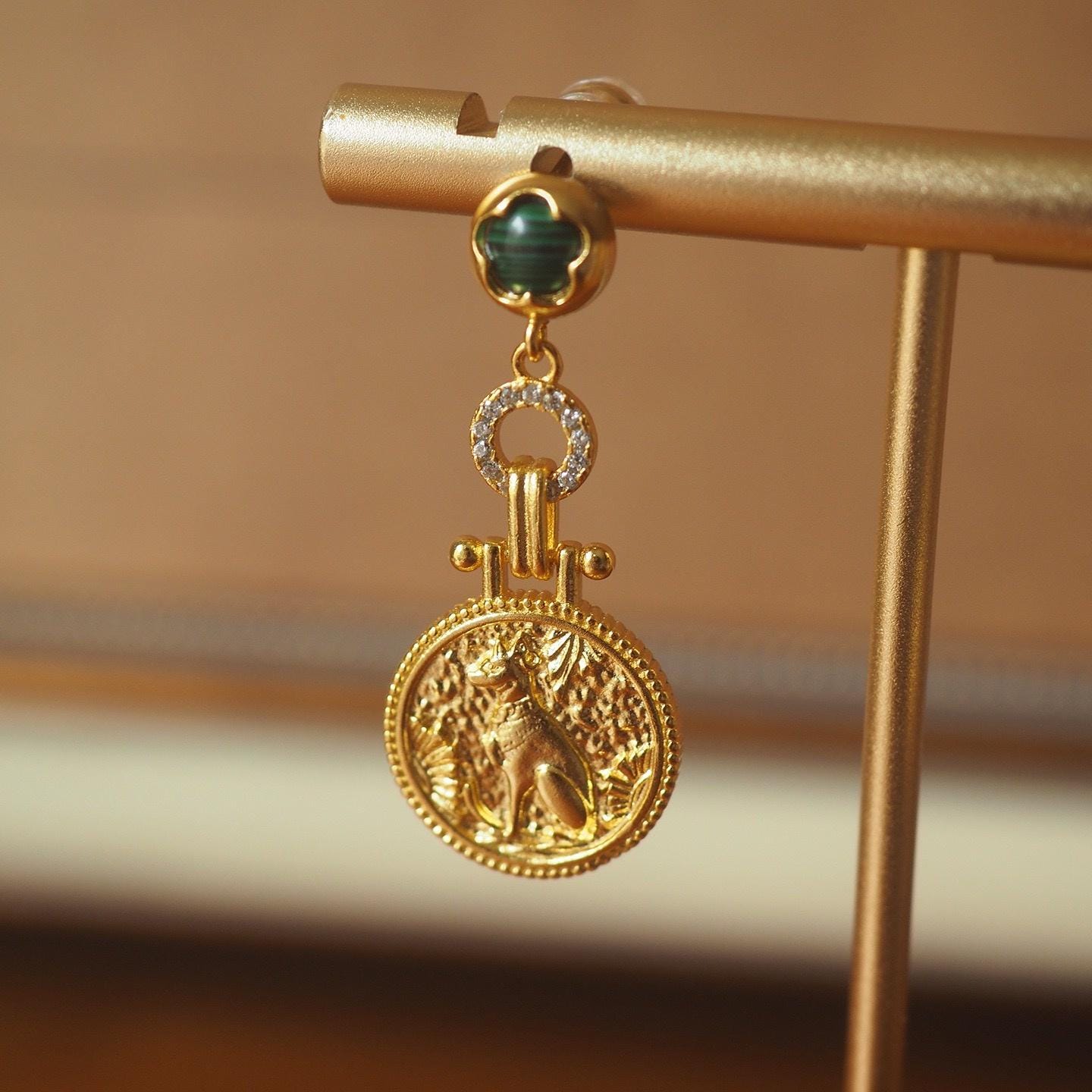 Gold Coin Malachite Earrings, Vintage Medallion, 925 Silver Post
