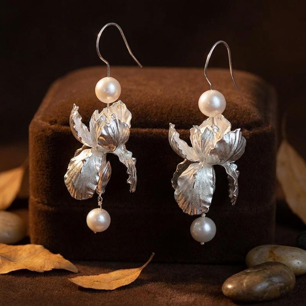Silver Orchid Pearl Dangle Earrings • Botanical Bridal Jewelry