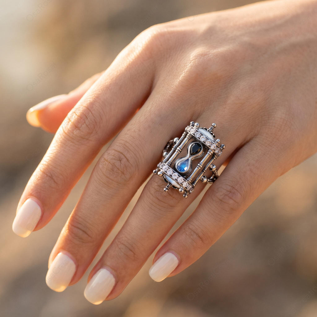 Vintage Hourglass Ring, Oxidized Silver Statement, Dark Academia Blue Gemstone