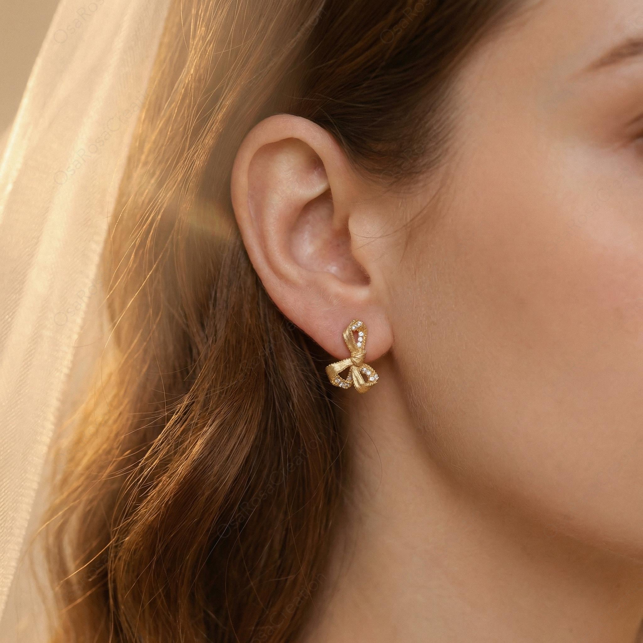 Gold Ribbon Crystal Stud Earrings | Vintage Style Bridal Jewelry