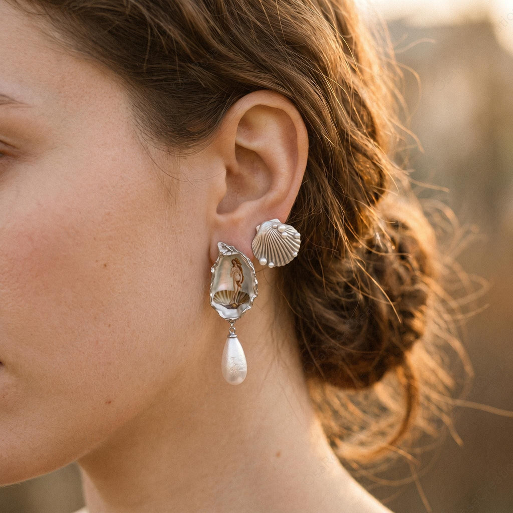 Renaissance Art Oyster Earrings | Silver Shell Pearl Drop Earrings | Vintage Museum Jewelry | Artistic Statement Dangle Earrings