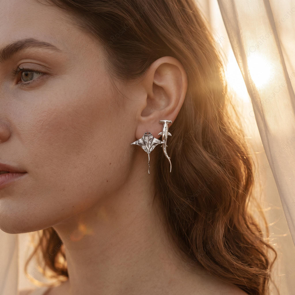 Sculptural Manta Ray Earrings, Platinum-Plated Brass Marine Jewelry