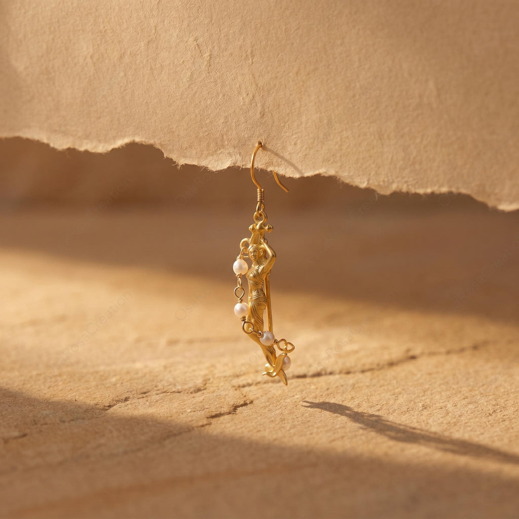 Gold Plated Mermaid Earrings | Siren, Pearl Accents, Hook or Clip