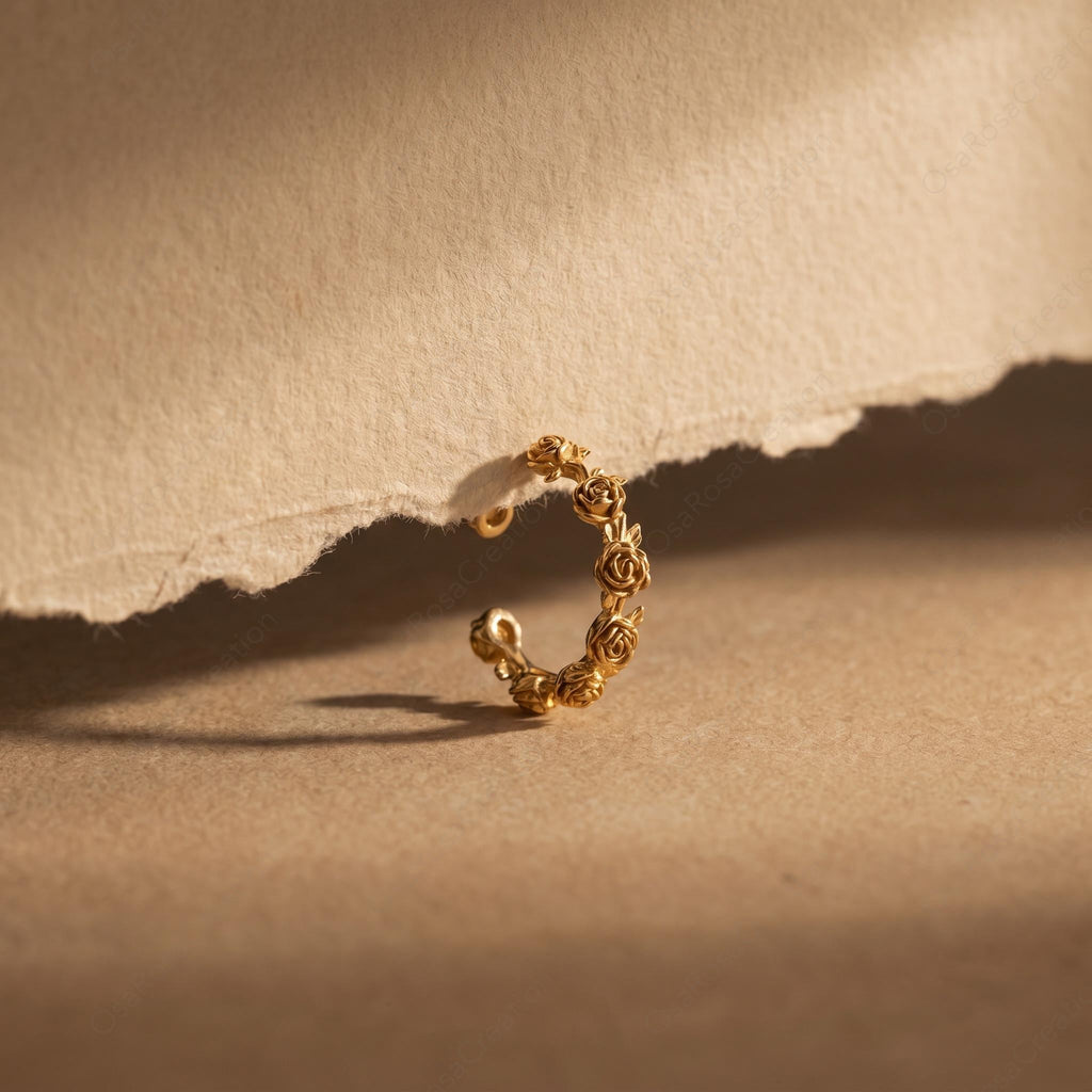 Vintage Botanical Sculpted Floral Ear Cuff - Gold-Plated Brass Rose Jewelry