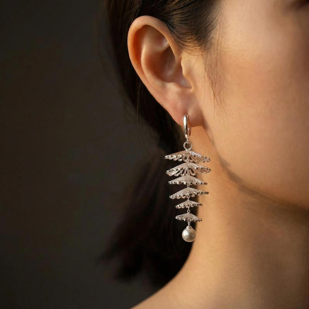 Matte Silver Ginkgo Leaf Earrings • Art Deco Pearl Duster