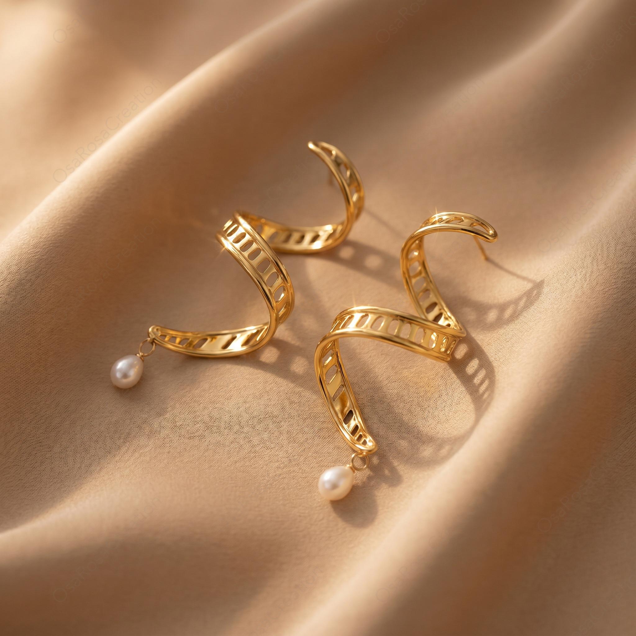 Gold DNA Helix Earrings • Pearl Drop, Science Jewelry