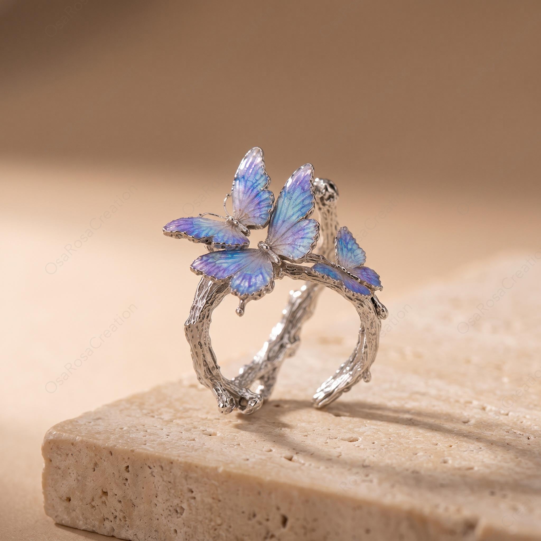 Enamel Butterfly Ring, Platinum-Plated Brass Branch Band, Nature Inspired Jewelry