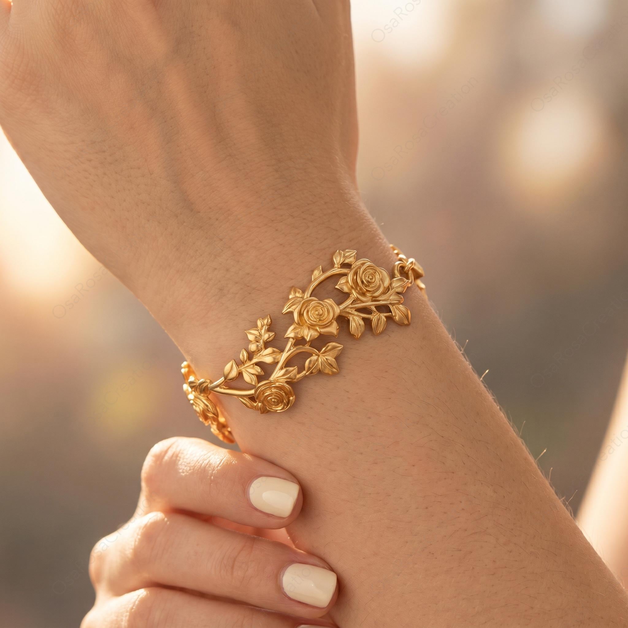18k Gold Plated Rose Vine Bracelet • Art Nouveau Floral Cuff