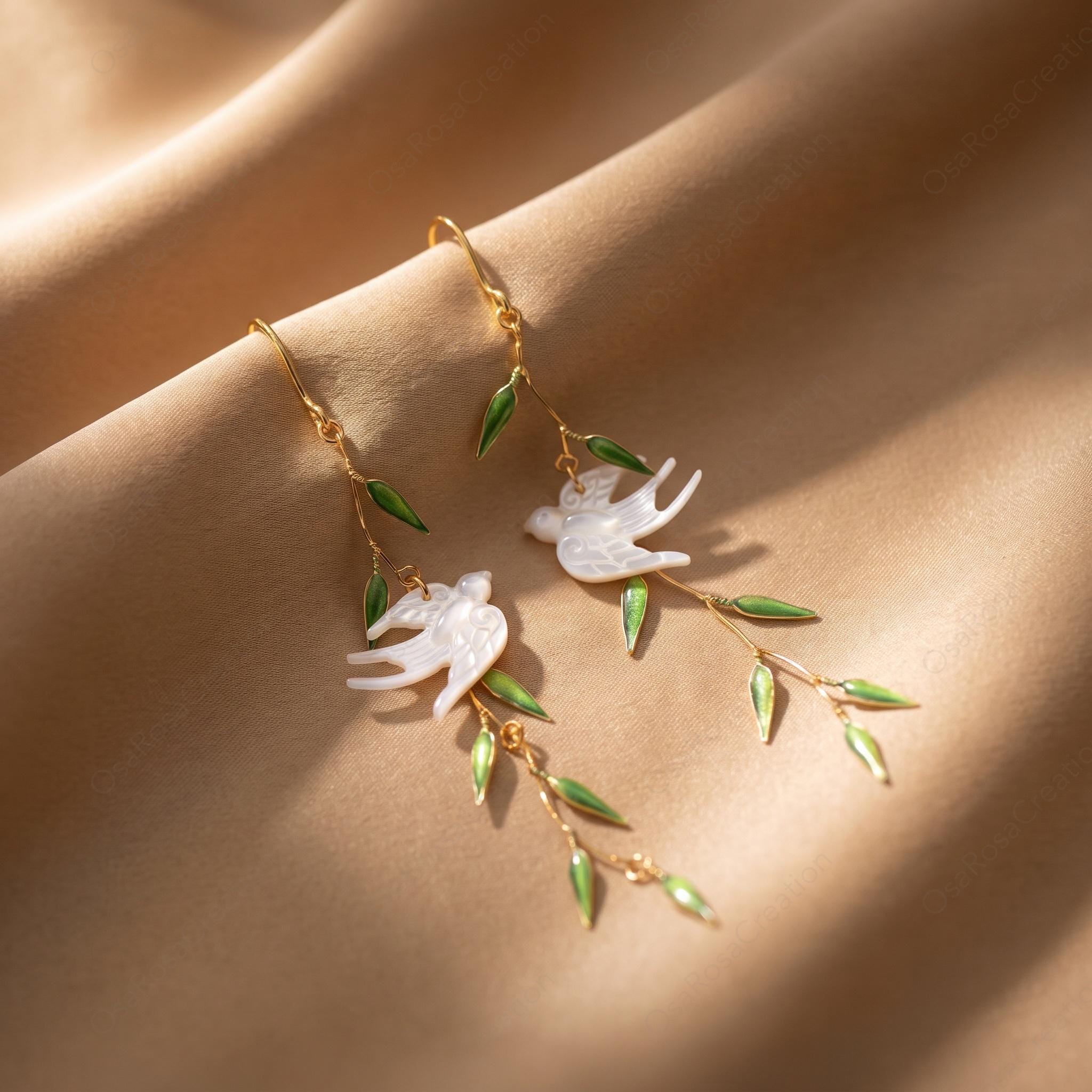 Mother of Pearl Bird Earrings, Gold Enamel Leaf Vine Dangle Jewelry
