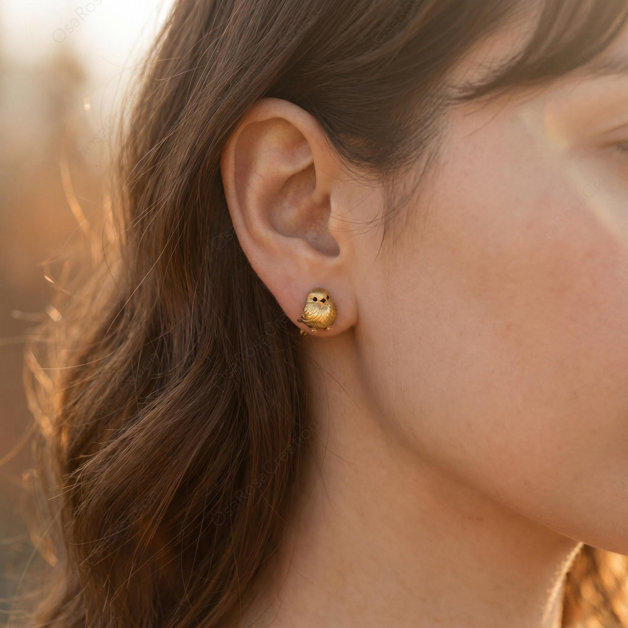 Gold Chubby Sparrow Earrings • Sterling Silver Posts, Bird Watcher Gift